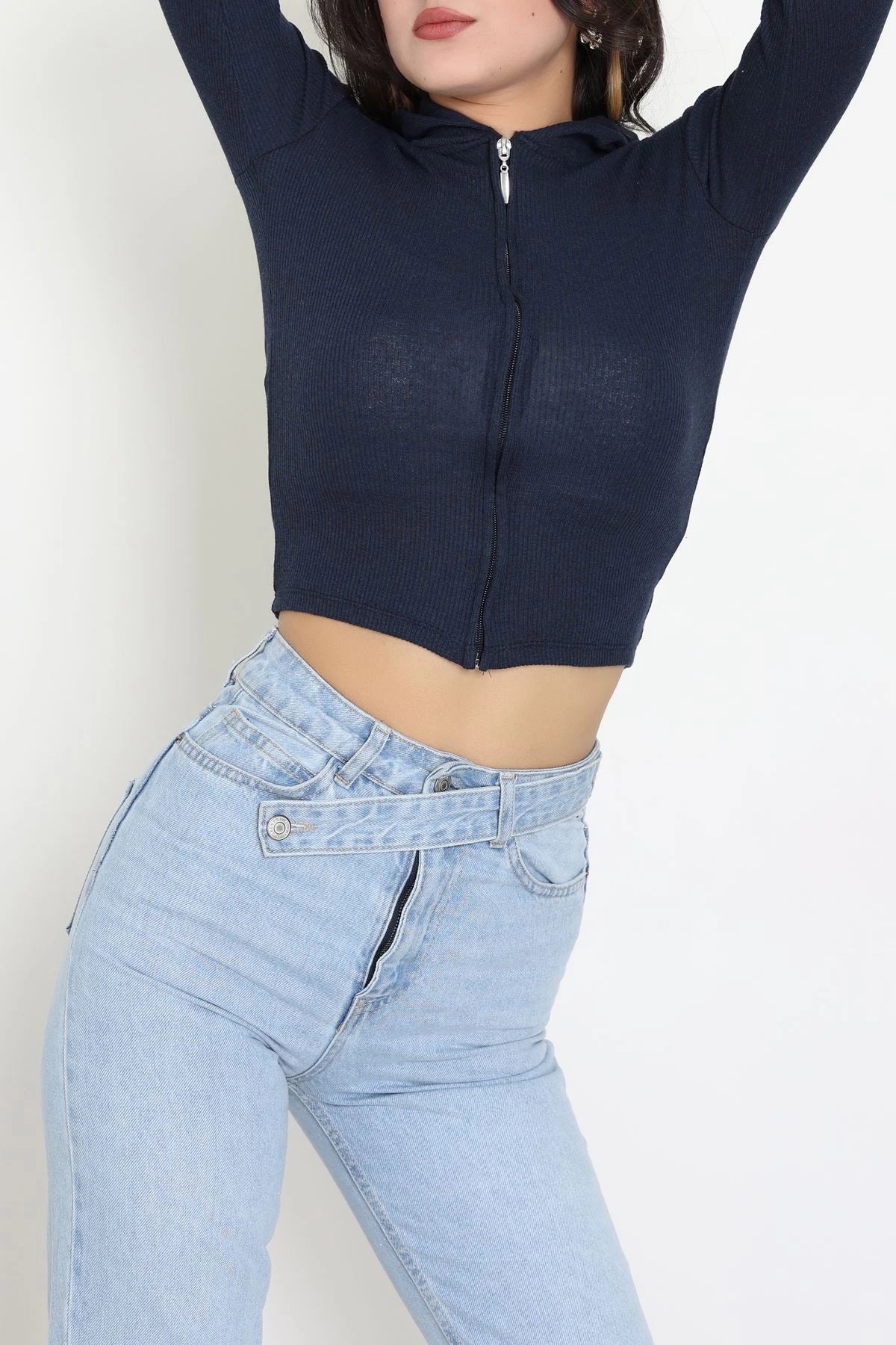 Navy Blue Hooded Ribbed Bodysuit with Thumbholes