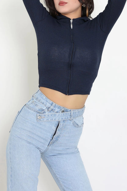 Navy Blue Hooded Ribbed Bodysuit with Thumbholes