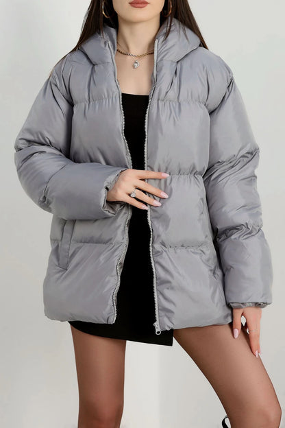 Women’s Hooded Puffer Jacket – Versatile Sporty Grey