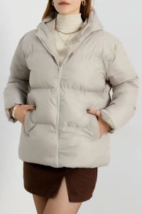 Women’s Hooded Puffer Jacket – Versatile Sporty Grey