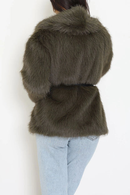 Women’s Belted Faux Fur Coat – Lined Winter Parka in Khaki