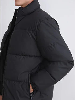 Black Relaxed Fit Stand-Up Collar Men's Puffer Jacket - alotasawkli