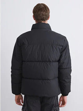 Black Relaxed Fit Stand-Up Collar Men's Puffer Jacket - alotasawkli