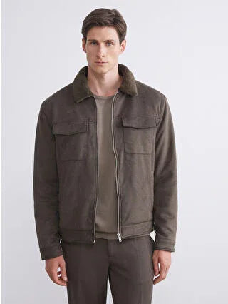Khaki Slim Fit Suede Men's Jacket with Faux Fur Collar - alotasawkli