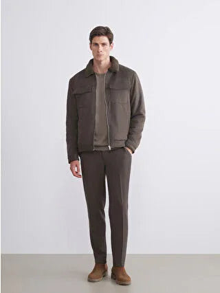 Khaki Slim Fit Suede Men's Jacket with Faux Fur Collar - alotasawkli