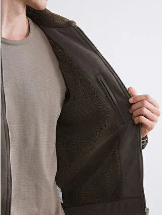 Khaki Slim Fit Suede Men's Jacket with Faux Fur Collar - alotasawkli