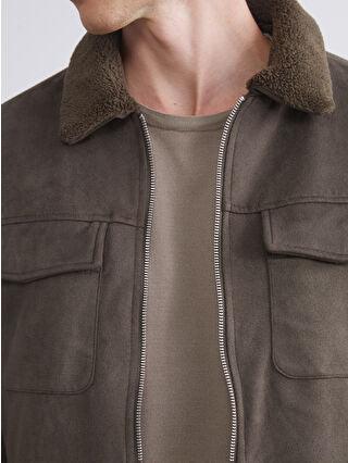 Khaki Slim Fit Suede Men's Jacket with Faux Fur Collar - alotasawkli