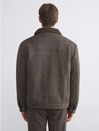 Khaki Slim Fit Suede Men's Jacket with Faux Fur Collar - alotasawkli