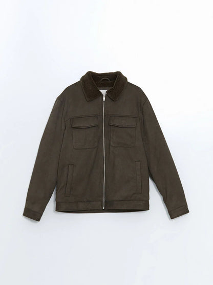 Khaki Slim Fit Suede Men's Jacket with Faux Fur Collar - alotasawkli