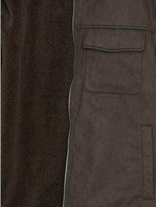 Khaki Slim Fit Suede Men's Jacket with Faux Fur Collar - alotasawkli