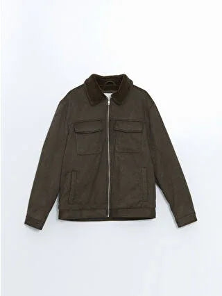 Khaki Slim Fit Suede Men's Jacket with Faux Fur Collar - alotasawkli
