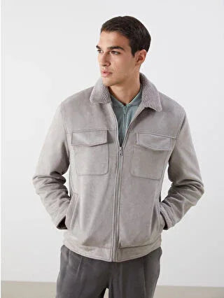 Khaki Slim Fit Suede Men's Jacket with Faux Fur Collar - alotasawkli