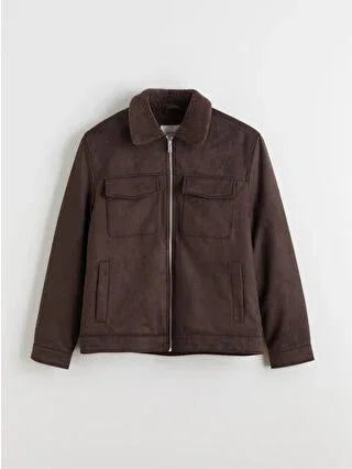 Khaki Slim Fit Suede Men's Jacket with Faux Fur Collar - alotasawkli