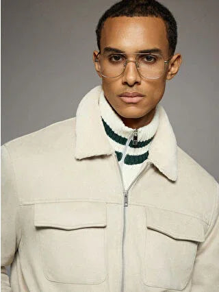 Khaki Slim Fit Suede Men's Jacket with Faux Fur Collar - alotasawkli