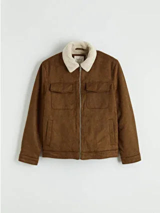 Khaki Slim Fit Suede Men's Jacket with Faux Fur Collar - alotasawkli