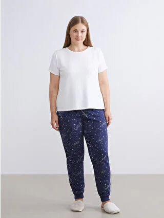 Navy Blue Elastic Waist Printed Women's Jogger Pajama Bottoms - alotasawkli
