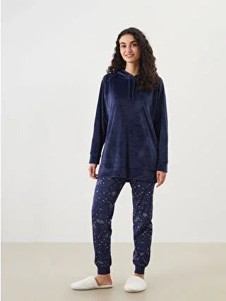 Navy Blue Elastic Waist Printed Women's Jogger Pajama Bottoms - alotasawkli