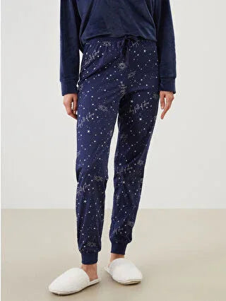 Navy Blue Elastic Waist Printed Women's Jogger Pajama Bottoms - alotasawkli