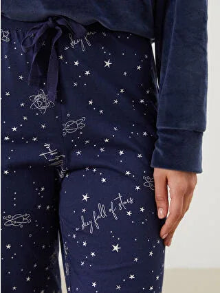 Navy Blue Elastic Waist Printed Women's Jogger Pajama Bottoms - alotasawkli