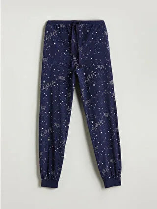 Navy Blue Elastic Waist Printed Women's Jogger Pajama Bottoms - alotasawkli