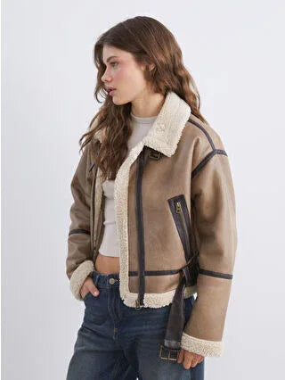 Brown Fur Collar Oversize Women's Suede Coat - alotasawkli