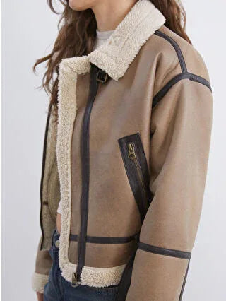 Brown Fur Collar Oversize Women's Suede Coat - alotasawkli