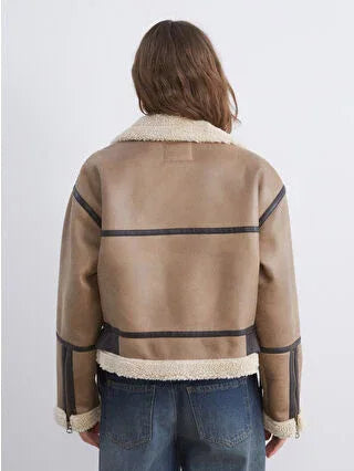 Brown Fur Collar Oversize Women's Suede Coat - alotasawkli