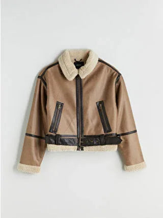 Brown Fur Collar Oversize Women's Suede Coat - alotasawkli