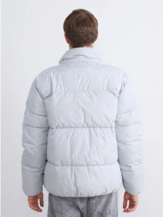 Grey Standard Fit Stand Collar Men's Puffer Jacket - alotasawkli
