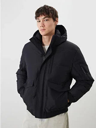 Black Standard Fit Hooded Men's Jacket - alotasawkli