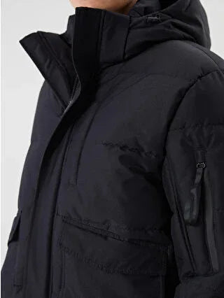 Black Standard Fit Hooded Men's Jacket - alotasawkli