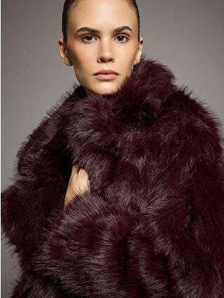 Burgundy Collar Women's Fur Coat - alotasawkli