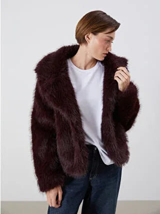 Burgundy Collar Women's Fur Coat - alotasawkli