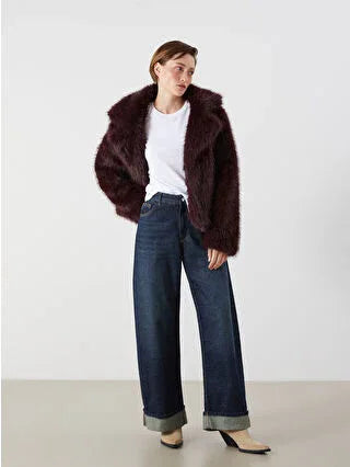 Burgundy Collar Women's Fur Coat - alotasawkli