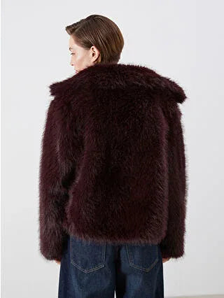 Burgundy Collar Women's Fur Coat - alotasawkli