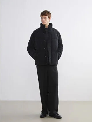 Black Relaxed Fit Stand-Up Collar Men's Puffer Jacket - alotasawkli