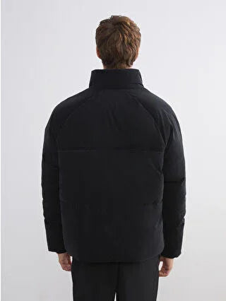Black Relaxed Fit Stand-Up Collar Men's Puffer Jacket - alotasawkli
