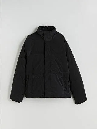 Black Relaxed Fit Stand-Up Collar Men's Puffer Jacket - alotasawkli