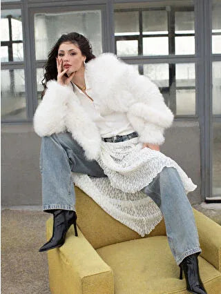 Ecru Collar Women's Fur Coat - alotasawkli
