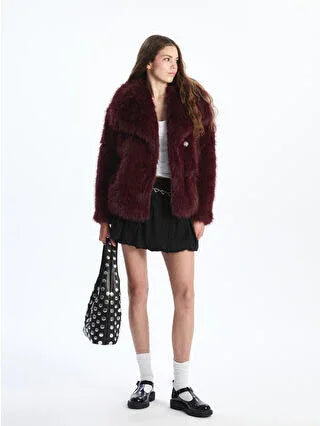 Burgundy Collar Women's Fur Coat - alotasawkli