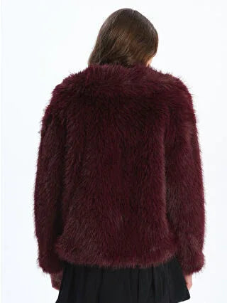 Burgundy Collar Women's Fur Coat - alotasawkli