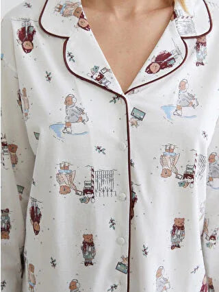 Off-White Shirt Collar Christmas Themed Women's Pajama Set - alotasawkli