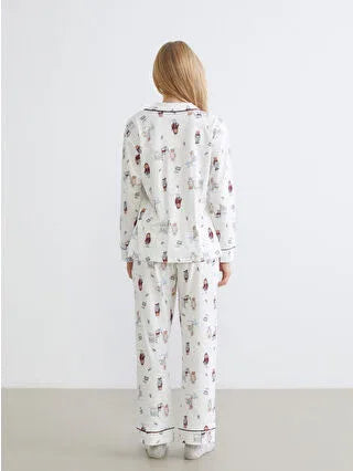 Off-White Shirt Collar Christmas Themed Women's Pajama Set - alotasawkli