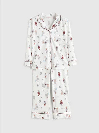 Off-White Shirt Collar Christmas Themed Women's Pajama Set - alotasawkli