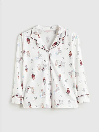 Off-White Shirt Collar Christmas Themed Women's Pajama Set - alotasawkli