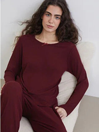 Burgundy Crew Neck Women's Pajama Set - alotasawkli