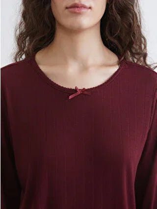 Burgundy Crew Neck Women's Pajama Set - alotasawkli