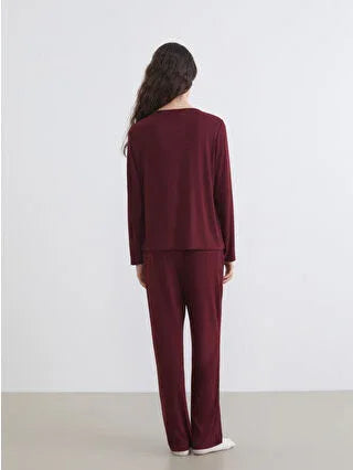 Burgundy Crew Neck Women's Pajama Set - alotasawkli