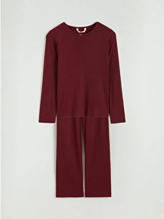 Burgundy Crew Neck Women's Pajama Set - alotasawkli