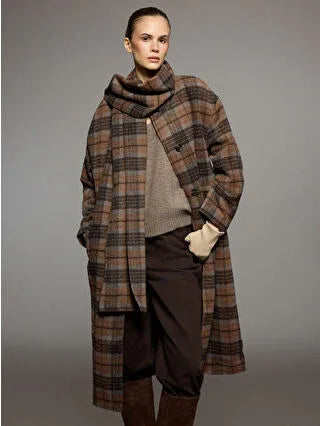 Brown Scarfed Crew Neck Plaid Women's Cashmere Coat - alotasawkli